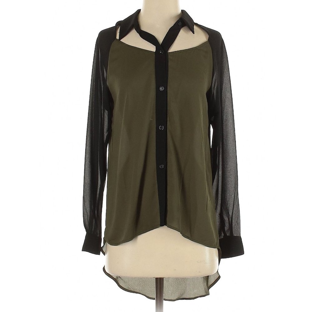 Tobi Black & Olive Cutout Button-Up Blouse | Size Small - Picture 2 of 10